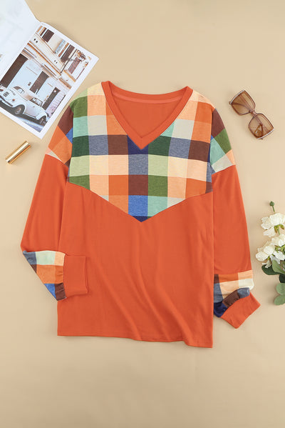 Plus Size Plaid V-Neck Spliced Top - SHE BADDY© ONLINE WOMEN FASHION & CLOTHING STORE