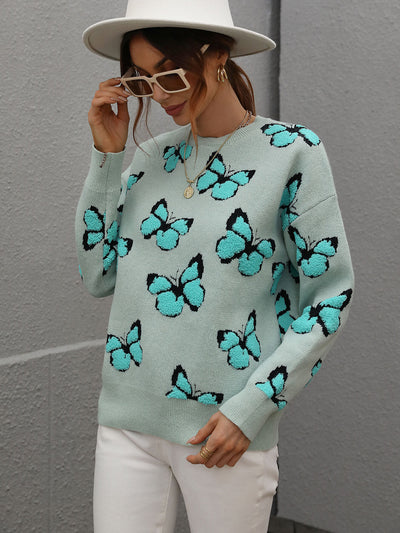 Butterfly Dropped Shoulder Crewneck Sweater - SHE BADDY© ONLINE WOMEN FASHION & CLOTHING STORE