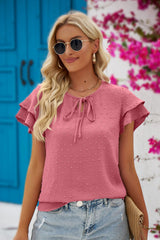 Swiss Dot Tie-Neck Flutter Sleeve Blouse - SHE BADDY© ONLINE WOMEN FASHION & CLOTHING STORE