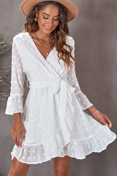Swiss Dot Ruffled Tie-Waist Surplice Dress - SHE BADDY© ONLINE WOMEN FASHION & CLOTHING STORE