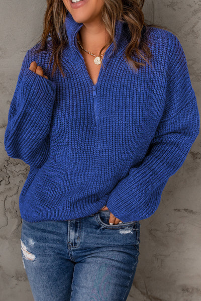 Half Zip Rib-Knit Dropped Shoulder Sweater - SHE BADDY© ONLINE WOMEN FASHION & CLOTHING STORE