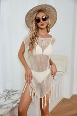 Fringe Trim Openwork Cover-Up Dress - SHE BADDY© ONLINE WOMEN FASHION & CLOTHING STORE