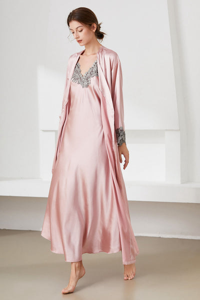 Contrast Lace Trim Satin Night Dress and Robe Set - SHE BADDY© ONLINE WOMEN FASHION & CLOTHING STORE