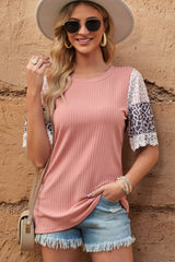 Leopard Lace Trim Ribbed Round Neck Top - SHE BADDY© ONLINE WOMEN FASHION & CLOTHING STORE