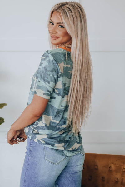 Camouflage Two-Tone V-Neck Tee - SHE BADDY© ONLINE WOMEN FASHION & CLOTHING STORE