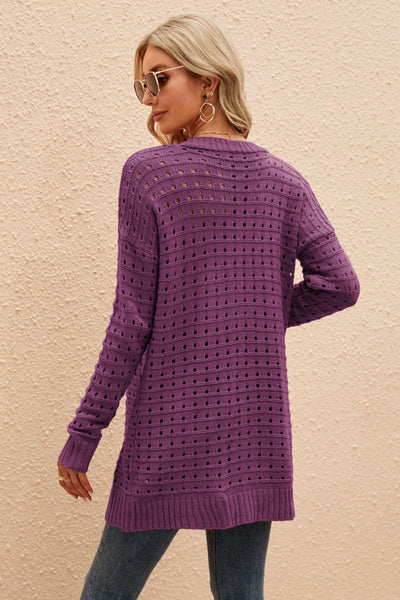 Openwork Horizontal Ribbing Open Front Cardigan - SHE BADDY© ONLINE WOMEN FASHION & CLOTHING STORE