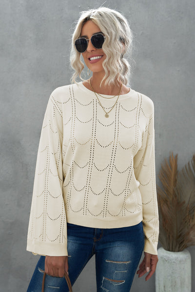 Openwork Flare Sleeve Pullover Sweater - SHE BADDY© ONLINE WOMEN FASHION & CLOTHING STORE