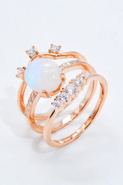 Natural Moonstone and Zircon Three-Piece Ring Set - SHE BADDY© ONLINE WOMEN FASHION & CLOTHING STORE
