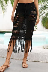 Fringe Hem Drawstring Waist Openwork Skirt - SHE BADDY© ONLINE WOMEN FASHION & CLOTHING STORE