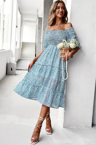 Ditsy Floral Off-Shoulder Smocked Midi Dress - SHE BADDY© ONLINE WOMEN FASHION & CLOTHING STORE