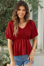 Smocked Balloon Sleeve Peplum Blouse - SHE BADDY© ONLINE WOMEN FASHION & CLOTHING STORE