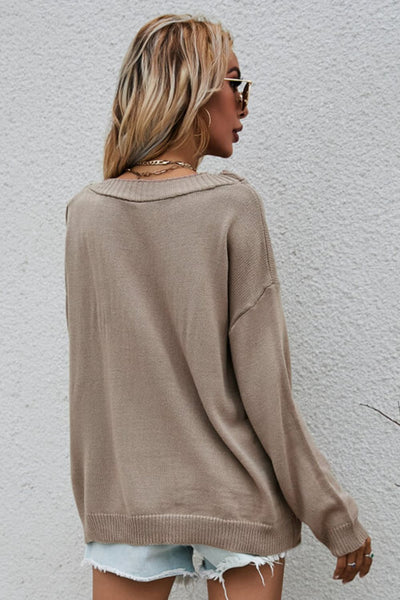 Button Detail Boat Neck Sweater - SHE BADDY© ONLINE WOMEN FASHION & CLOTHING STORE