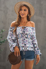 Printed Off-Shoulder Tied Balloon Sleeve Blouse - SHE BADDY© ONLINE WOMEN FASHION & CLOTHING STORE