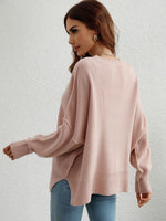 Exposed Seam Dropped Shoulder Slit Sweater - SHE BADDY© ONLINE WOMEN FASHION & CLOTHING STORE