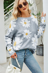 Daisy Print Openwork Round Neck Sweater - SHE BADDY© ONLINE WOMEN FASHION & CLOTHING STORE