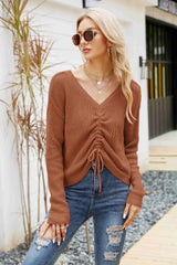 Waffle-Knit Drawstring Detail V-Neck Sweater - SHE BADDY© ONLINE WOMEN FASHION & CLOTHING STORE