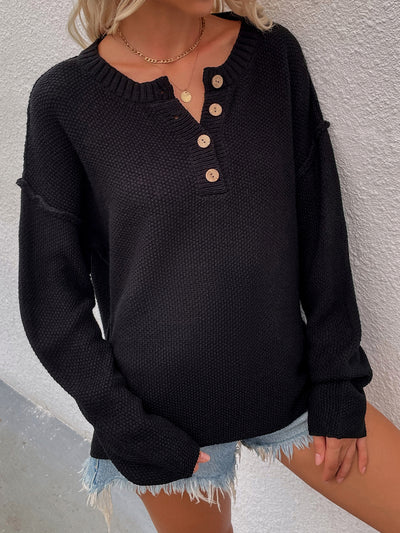 Buttoned Exposed Seam High-Low Sweater - SHE BADDY© ONLINE WOMEN FASHION & CLOTHING STORE