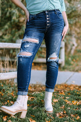 Plus Size Button Fly Distressed Jeans - SHE BADDY© ONLINE WOMEN FASHION & CLOTHING STORE