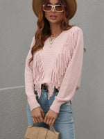 Fringe Detail Ribbed Trim Sweater - SHE BADDY© ONLINE WOMEN FASHION & CLOTHING STORE