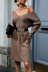 Rib-Knit V-Neck Sweater Dress - SHE BADDY© ONLINE WOMEN FASHION & CLOTHING STORE