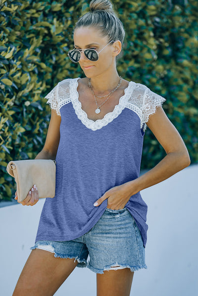 Scalloped Spliced Lace V-Neck Top - SHE BADDY© ONLINE WOMEN FASHION & CLOTHING STORE