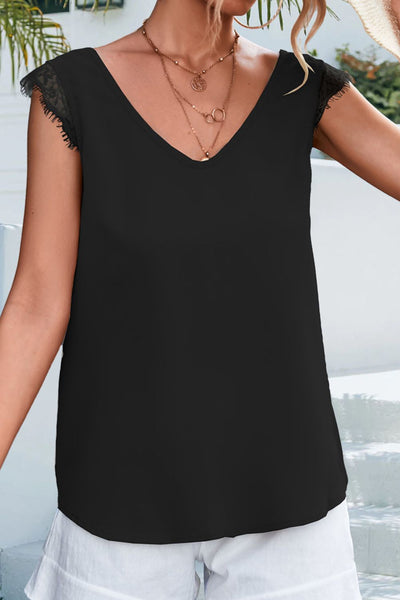 Lace Detail Eyelash Trim V-Neck Tank - SHE BADDY© ONLINE WOMEN FASHION & CLOTHING STORE