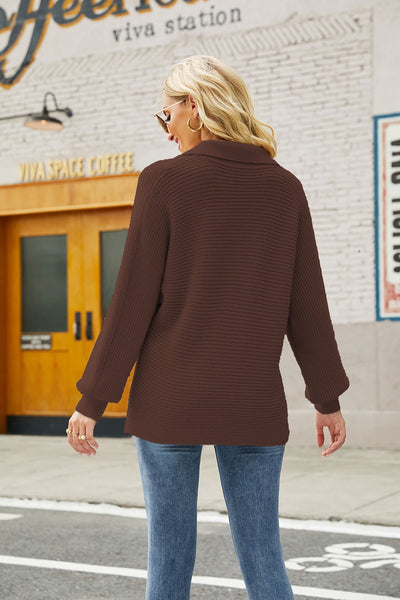 Horizontal Ribbing Johnny Collar Sweater - SHE BADDY© ONLINE WOMEN FASHION & CLOTHING STORE