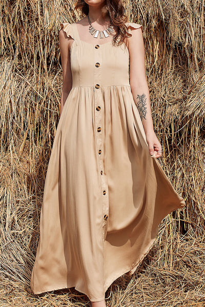 Decorative Button Ruffle Trim Smocked Maxi Dress - SHE BADDY© ONLINE WOMEN FASHION & CLOTHING STORE