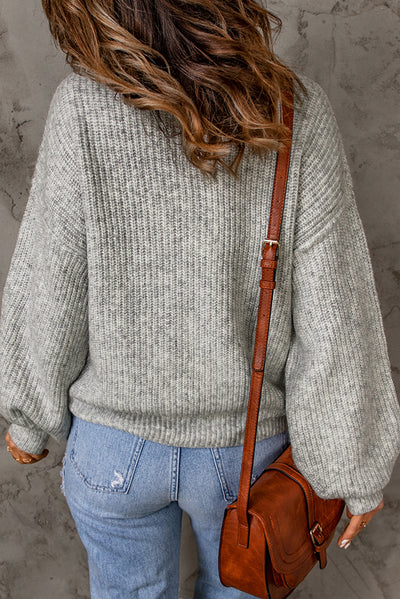 Heathered Balloon Sleeve Rib-Knit Sweater - SHE BADDY© ONLINE WOMEN FASHION & CLOTHING STORE