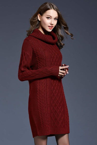 Full Size Mixed Knit Cowl Neck Dropped Shoulder Sweater Dress - SHE BADDY© ONLINE WOMEN FASHION & CLOTHING STORE