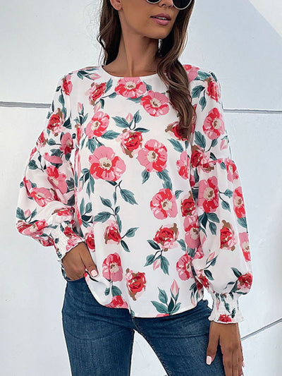 Floral Long Puff Sleeve Round Neck Blouse - SHE BADDY© ONLINE WOMEN FASHION & CLOTHING STORE