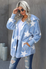 Star Open Front Fuzzy Hooded Jacket with Pockets - SHE BADDY© ONLINE WOMEN FASHION & CLOTHING STORE