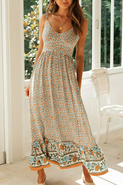 Bohemian Spaghetti Strap Frill Trim Maxi Dress - SHE BADDY© ONLINE WOMEN FASHION & CLOTHING STORE