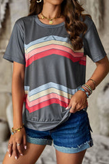 Multicolored Chevron Stripe Round Neck Side Slit T-Shirt - SHE BADDY© ONLINE WOMEN FASHION & CLOTHING STORE