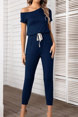 Asymmetrical Neck Short Sleeve Jumpsuit - SHE BADDY© ONLINE WOMEN FASHION & CLOTHING STORE