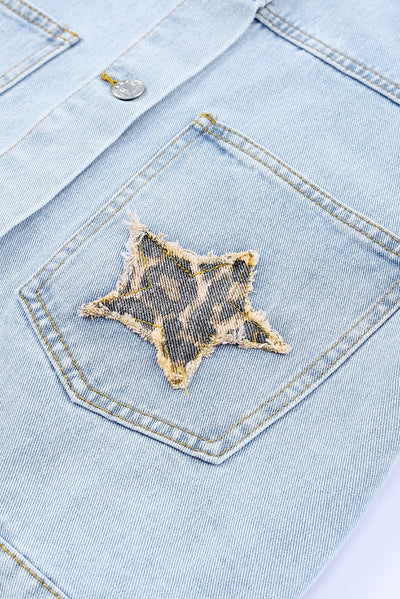 Leopard Star Applique Distressed Denim Jacket - SHE BADDY© ONLINE WOMEN FASHION & CLOTHING STORE