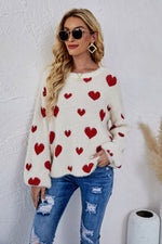 Heart Print Fuzzy Crewneck Long Sleeve Sweater - SHE BADDY© ONLINE WOMEN FASHION & CLOTHING STORE