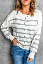 Striped Round Neck Button-Up Cardigan - SHE BADDY© ONLINE WOMEN FASHION & CLOTHING STORE