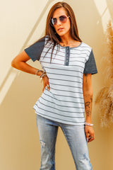 Striped Short Sleeve Henley T-Shirt - SHE BADDY© ONLINE WOMEN FASHION & CLOTHING STORE