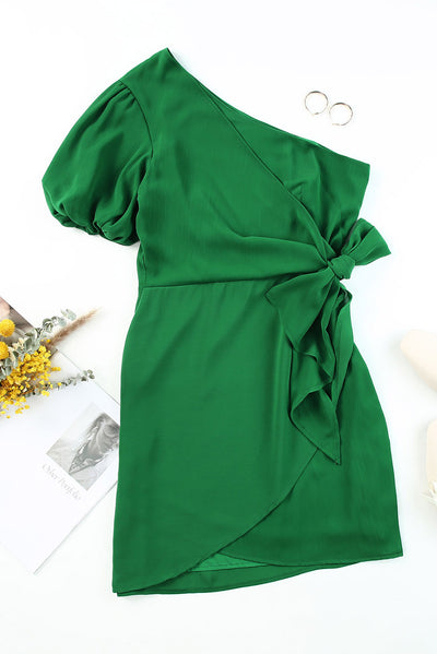 Tied One-Shoulder Puff Sleeve Dress - SHE BADDY© ONLINE WOMEN FASHION & CLOTHING STORE