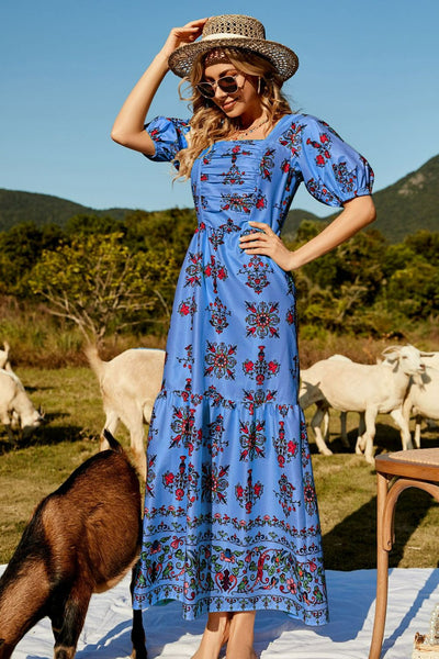 Floral Ruched Puff Sleeve Tiered Maxi Dress - SHE BADDY© ONLINE WOMEN FASHION & CLOTHING STORE