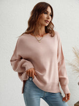 Exposed Seam Dropped Shoulder Slit Sweater - SHE BADDY© ONLINE WOMEN FASHION & CLOTHING STORE