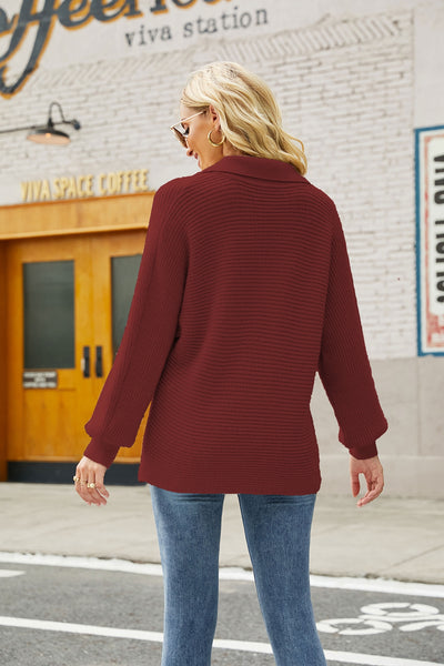 Horizontal Ribbing Johnny Collar Sweater - SHE BADDY© ONLINE WOMEN FASHION & CLOTHING STORE