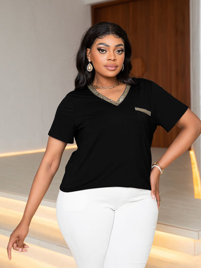 Plus Size Glitter V-Neck Short Sleeve Tee Shirt - SHE BADDY© ONLINE WOMEN FASHION & CLOTHING STORE