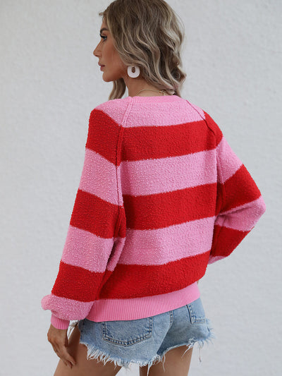 Striped Raglan Sleeve Ribbed Trim Knit Top - SHE BADDY© ONLINE WOMEN FASHION & CLOTHING STORE