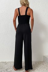 Smocked Sleeveless Wide Leg Jumpsuit with Pockets - SHE BADDY© ONLINE WOMEN FASHION & CLOTHING STORE