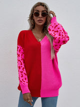 Leopard Color Block V-Neck Tunic Pullover Sweater - SHE BADDY© ONLINE WOMEN FASHION & CLOTHING STORE