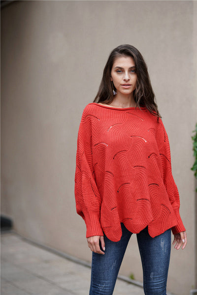 Openwork Boat Neck Sweater with Scalloped Hem - SHE BADDY© ONLINE WOMEN FASHION & CLOTHING STORE