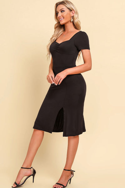 Ruched Sweetheart Neck Short Sleeve Slit Dress - SHE BADDY© ONLINE WOMEN FASHION & CLOTHING STORE