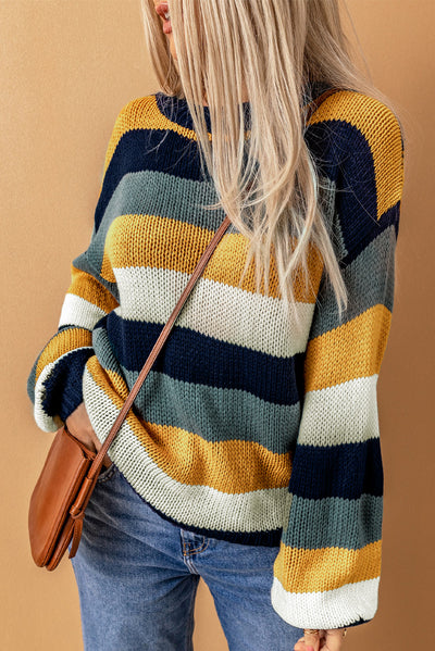 Striped Dropped Shoulder Knitted Pullover Sweater - SHE BADDY© ONLINE WOMEN FASHION & CLOTHING STORE